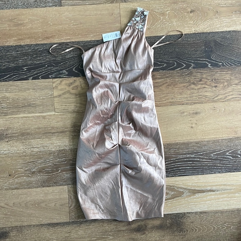 Cache One-Shoulder Metallic Rose Gold Cocktail Dress